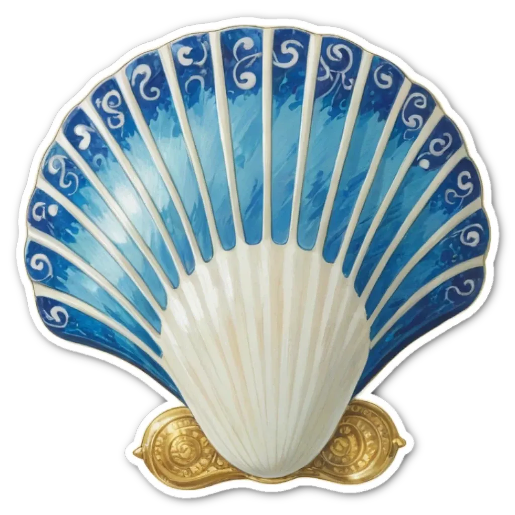 A shell with swirls in blue and white is placed on a black background.