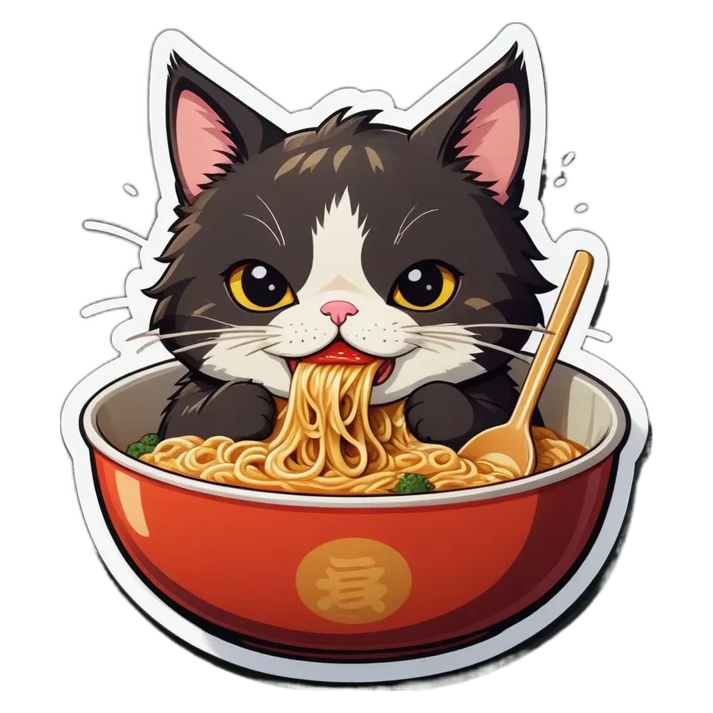 A cat eating noodles from a red bowl.