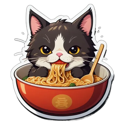 A cat eating noodles from a red bowl.