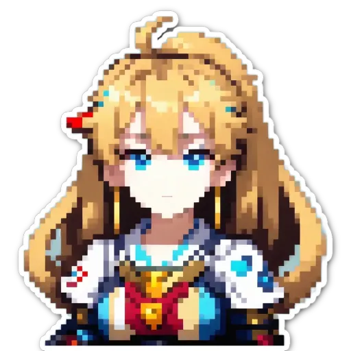 A girl in a pixelated sticker has blue eyes.