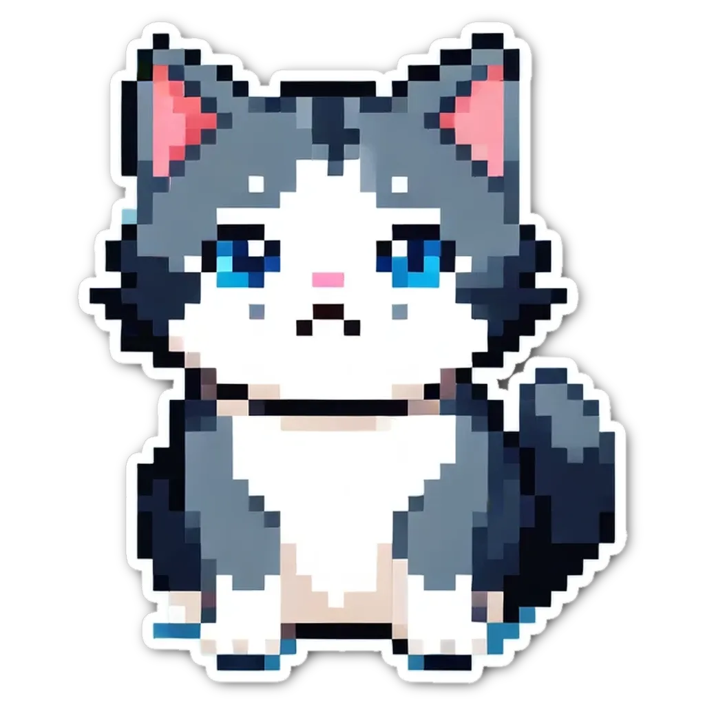 A small kitten in pixel art on a black background.