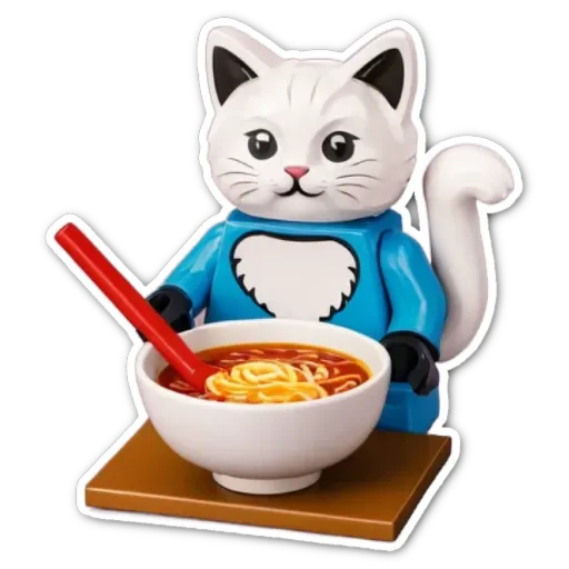 A lego cat eating out of a bowl.