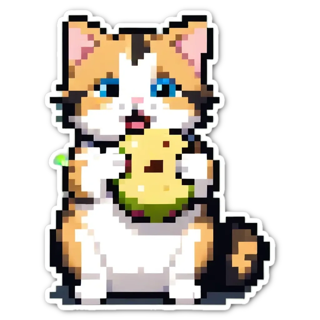 A cute cat holding a piece of avocado in its mouth.