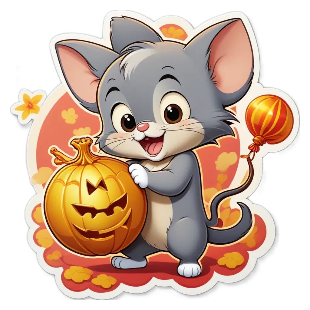 A cartoon picture of a cat holding a pumpkin.