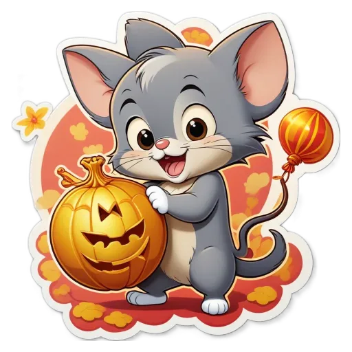 A cartoon picture of a cat holding a pumpkin.