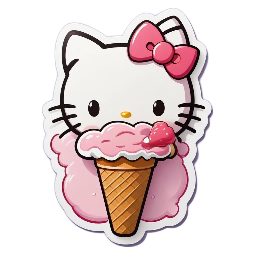 A Hello Kitty ice cream cone with a piece of cake on the side.