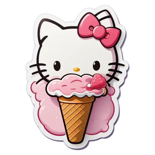 A Hello Kitty ice cream cone with a piece of cake on the side.