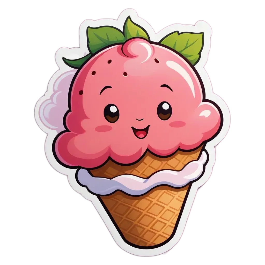 A cute ice cream cone with a smiley face and leaves on the top.