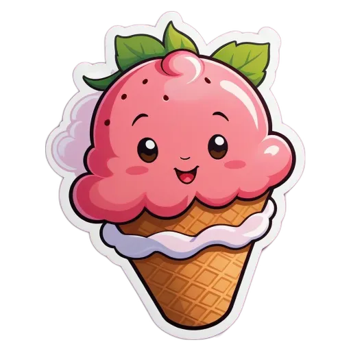 A cute ice cream cone with a smiley face and leaves on the top.