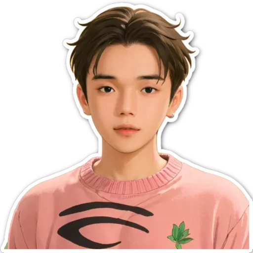 A boy wearing a pink shirt with a green leaf on it.