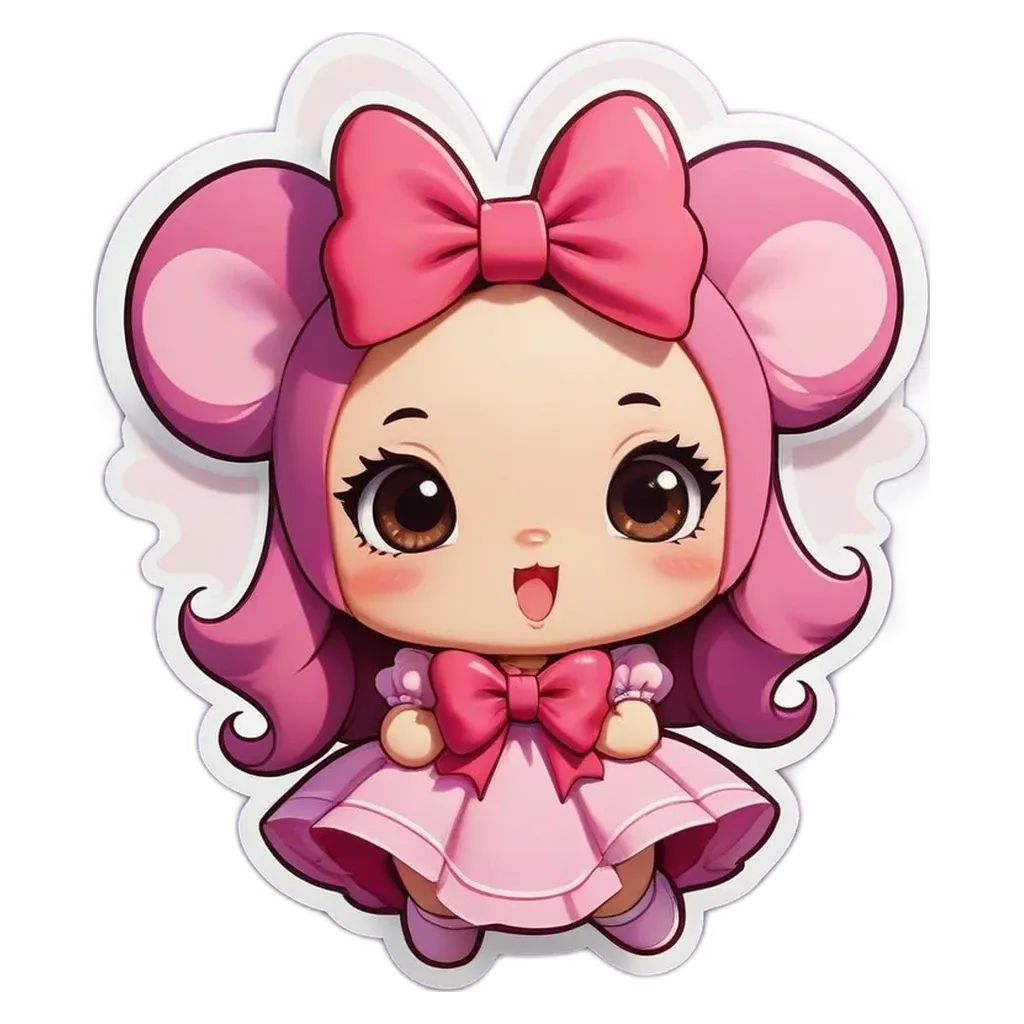 A cartoon girl with a pink dress and a bow on her head.