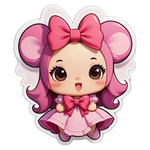 A cartoon girl with a pink dress and a bow on her head.