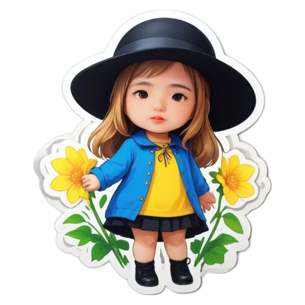 A girl holding a flower is in a blue jacket.