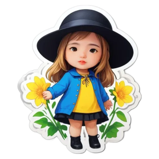 A girl holding a flower is in a blue jacket.