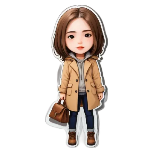 A cartoon drawing of a girl wearing a brown coat.