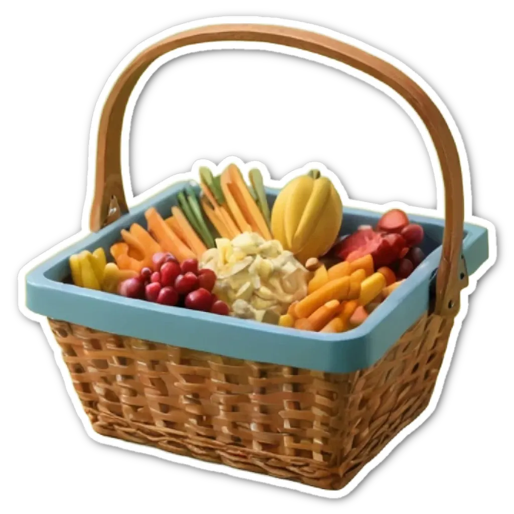 A blue woven basket is filled with a variety of fruits and vegetables.