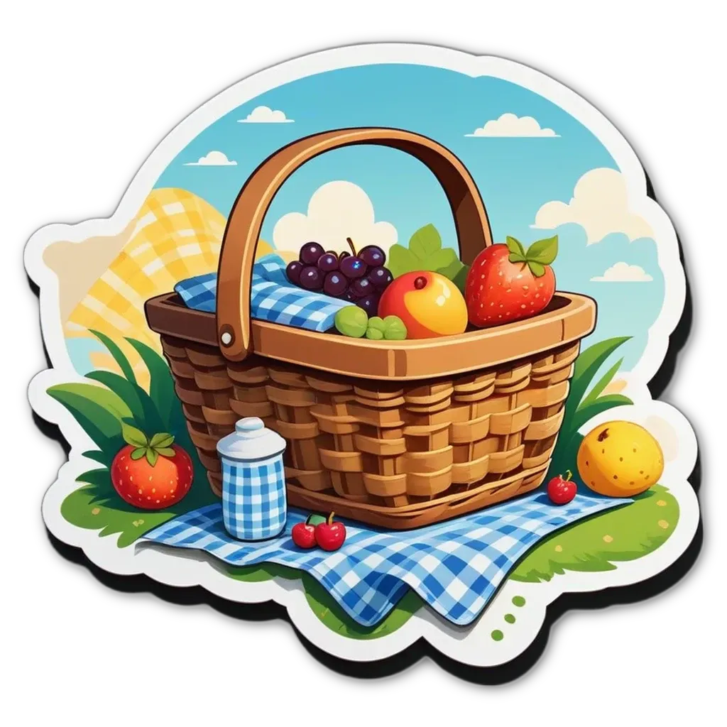 A cartoon depiction of fruit in a basket on a blanket.