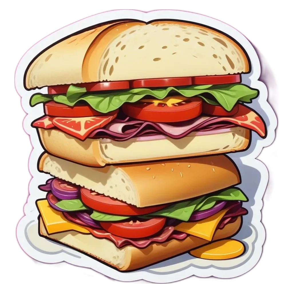 A sandwich with lettuce and tomato on a rectangular sticker.