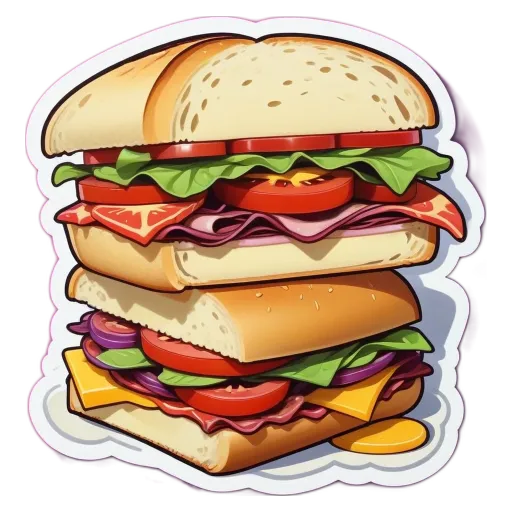 A sandwich with lettuce and tomato on a rectangular sticker.