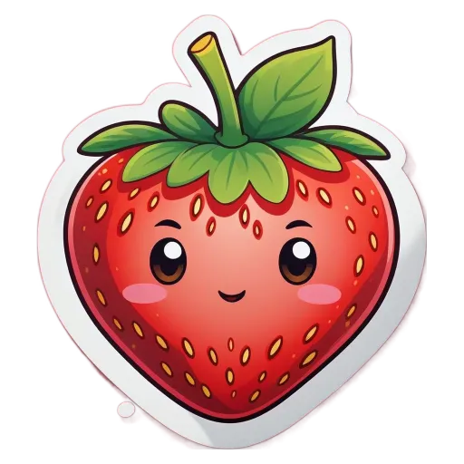 A sticker of a strawberry with a smiley face and eyes.