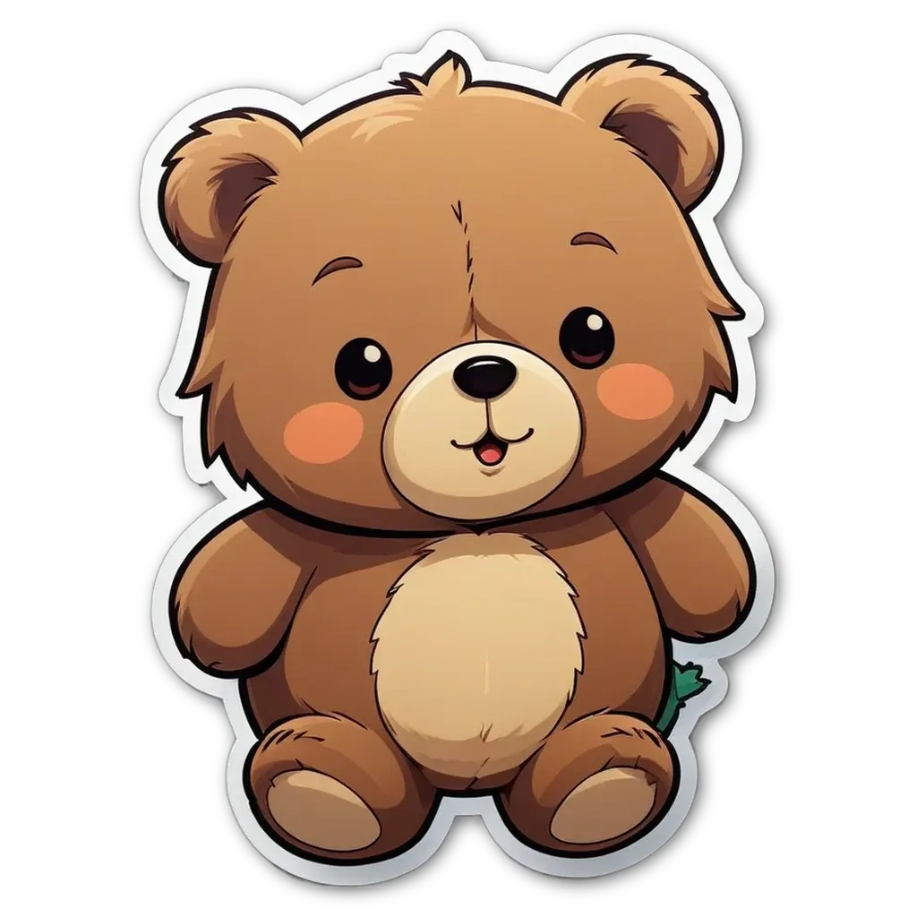 A cartoon teddy bear with a smiley face and a leaf in its lap.