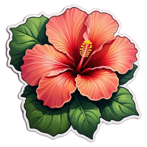 A very detailed and colorful sticker of a flower with green leaves and red petals.