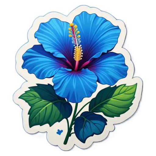 A blue flower with green leaves and a white center.