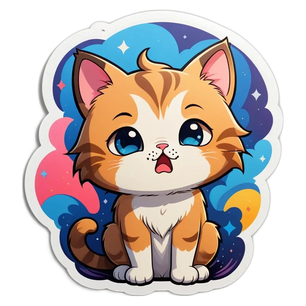 A cat sticker in white and blue with yellow stars.