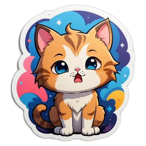 A cat sticker in white and blue with yellow stars.