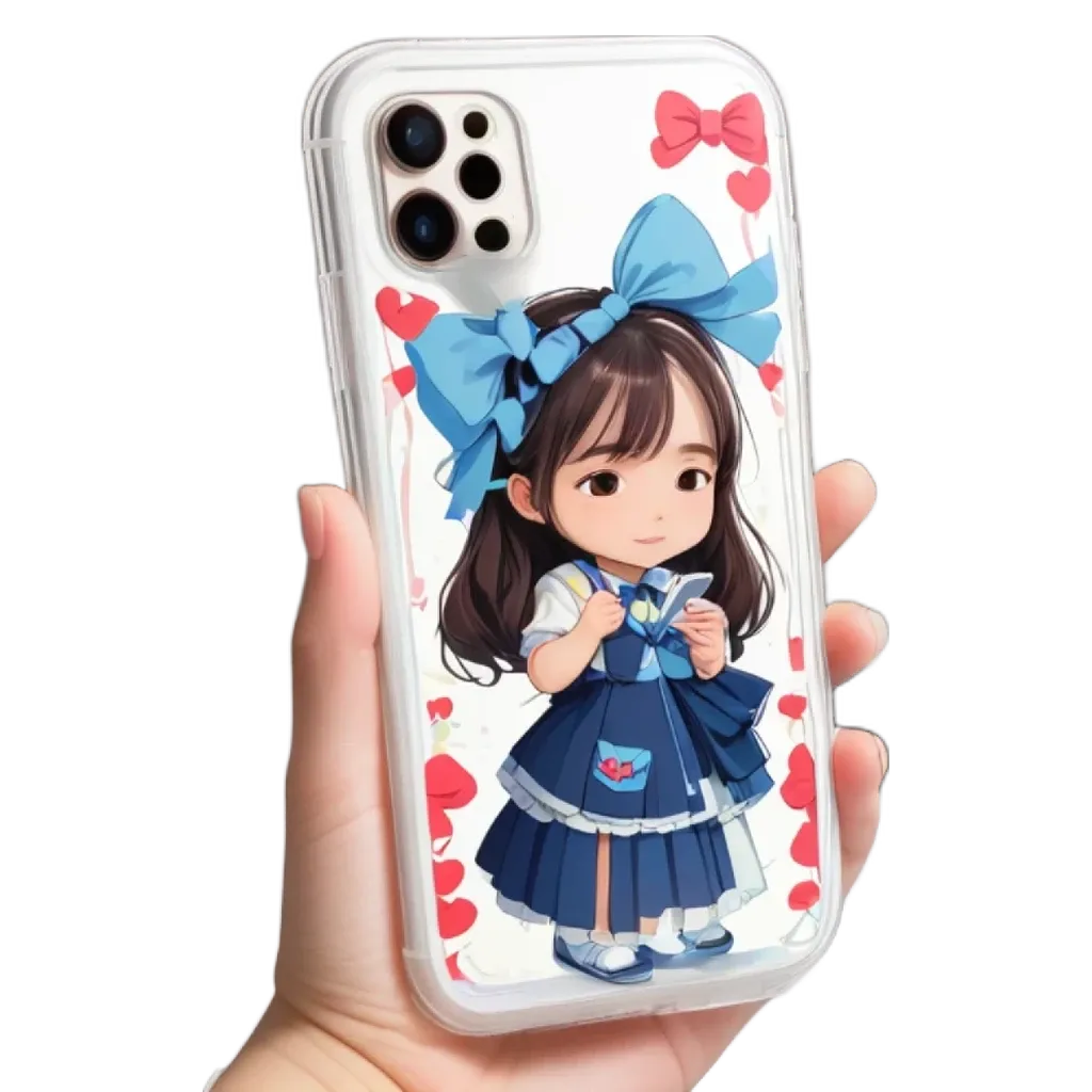 A girl wearing a blue dress is shown with a heart case on her phone.