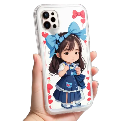 A girl wearing a blue dress is shown with a heart case on her phone.