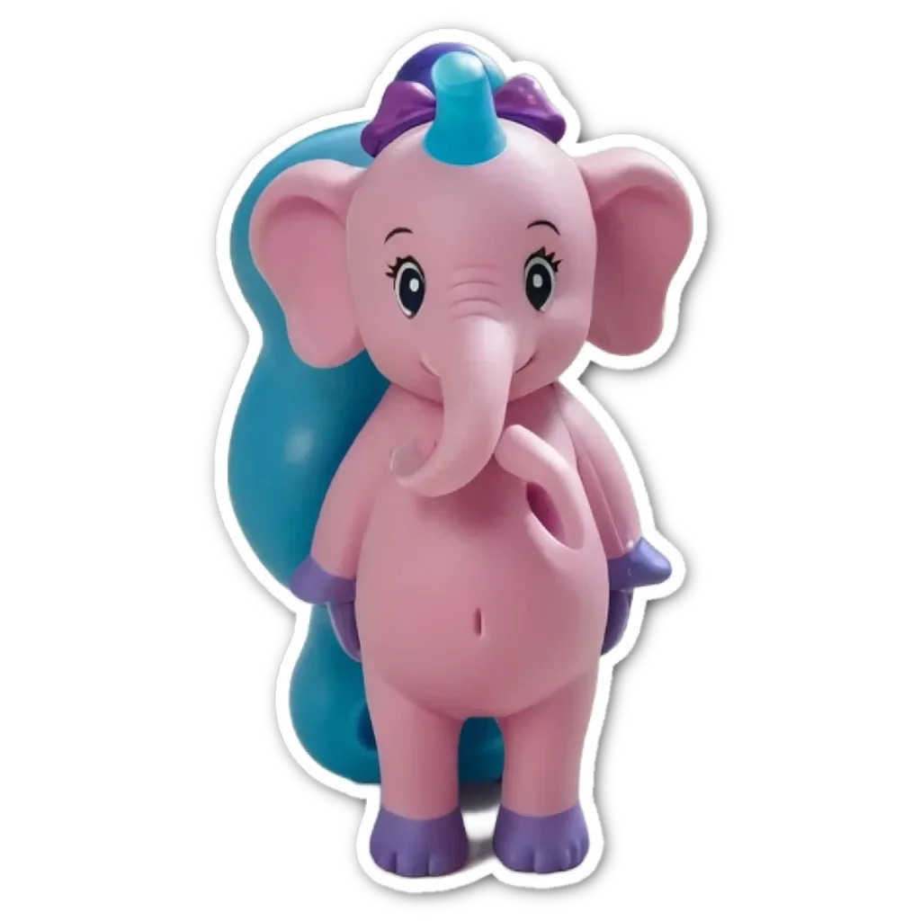 A pink and blue elephant with a bow in its hair.