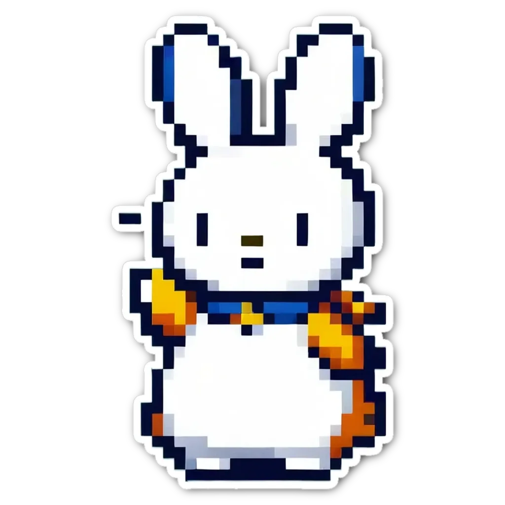 A bunny in a pixelated image that is wearing a collar and waving.