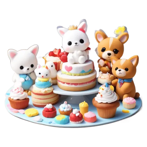 A group of animal friends sitting at a table with cakes.