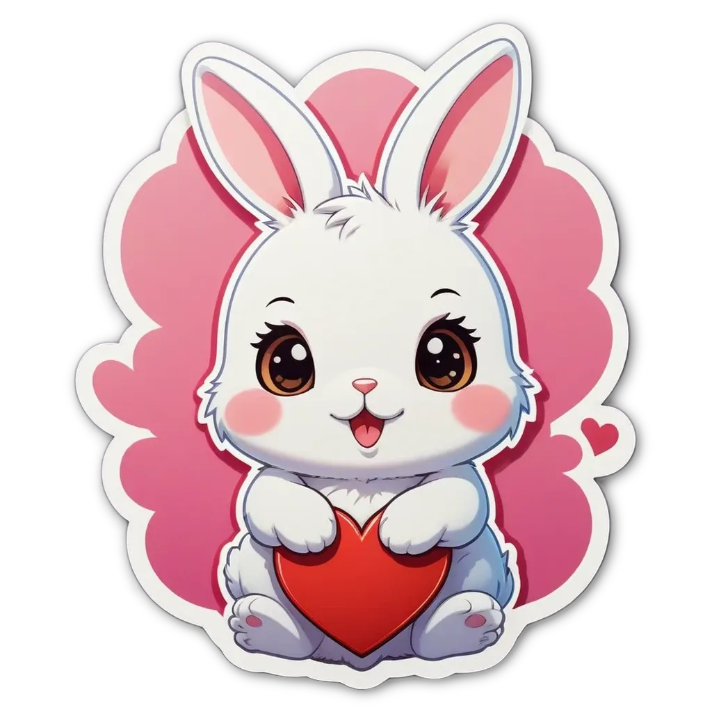 A rabbit holding a heart is on a pink background.