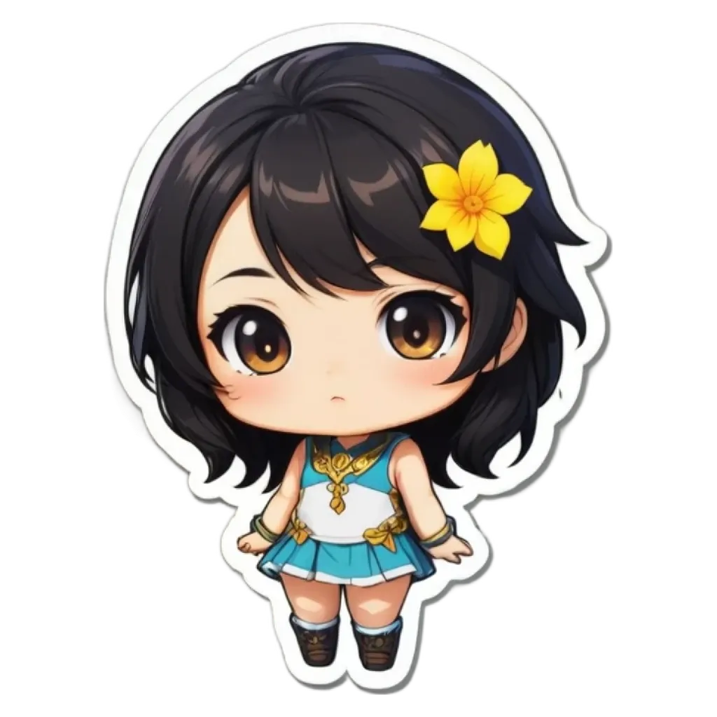 A girl with a blue dress and a yellow flower is sticker'd.