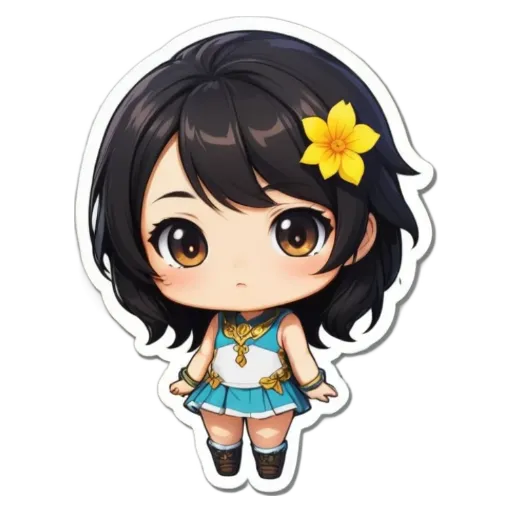 A girl with a blue dress and a yellow flower is sticker'd.