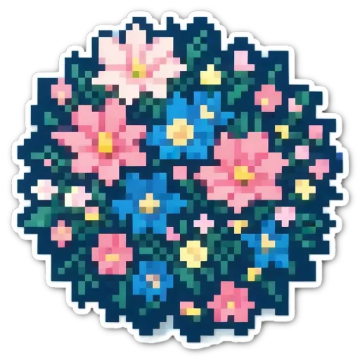 A flower sticker in the shape of a circle with pink, blue, and white flowers on it.