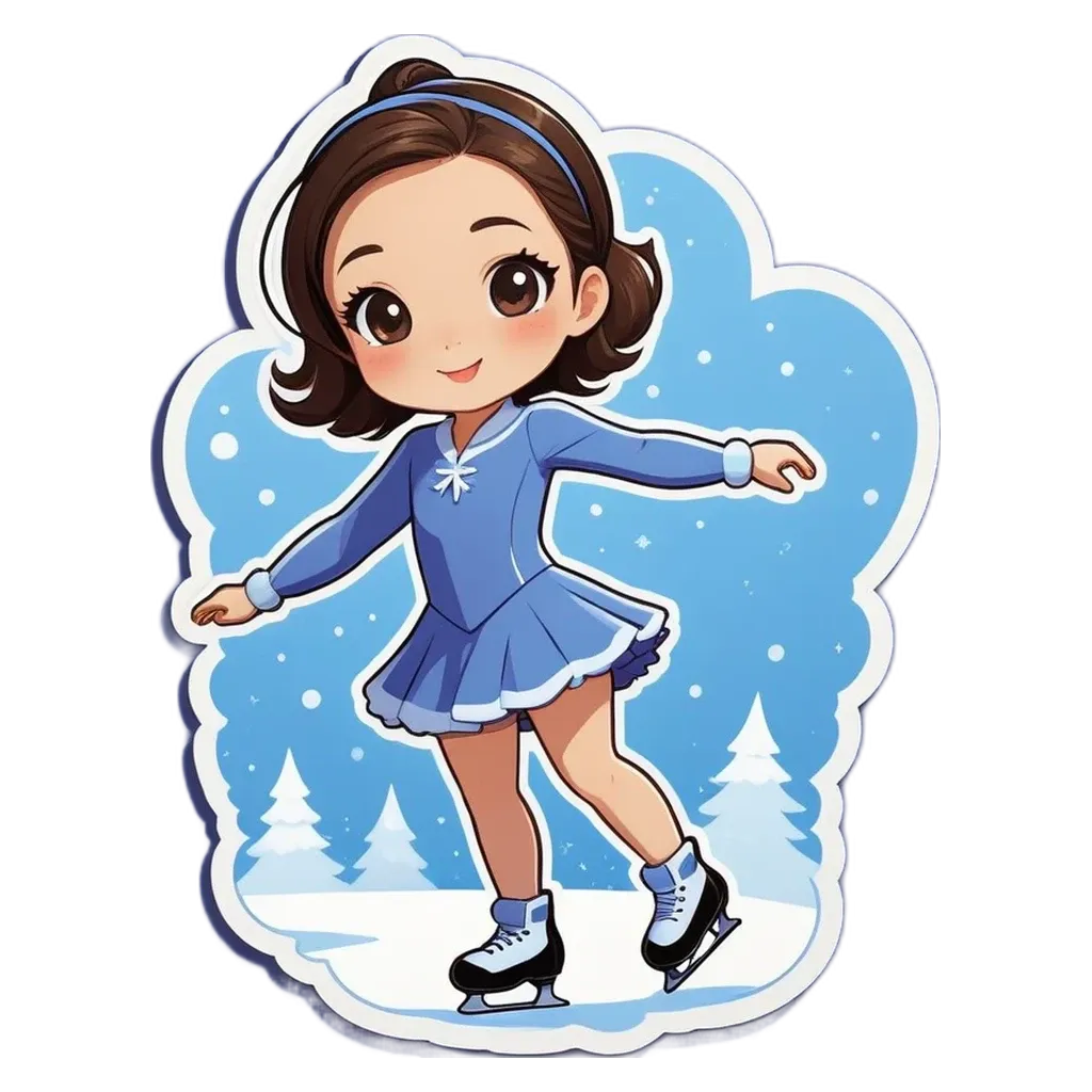 A cartoon girl on a ice rink wearing blue.