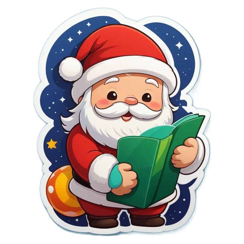 A Santa claus holding a book wearing a red hat.