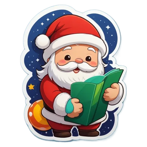 A Santa claus holding a book wearing a red hat.