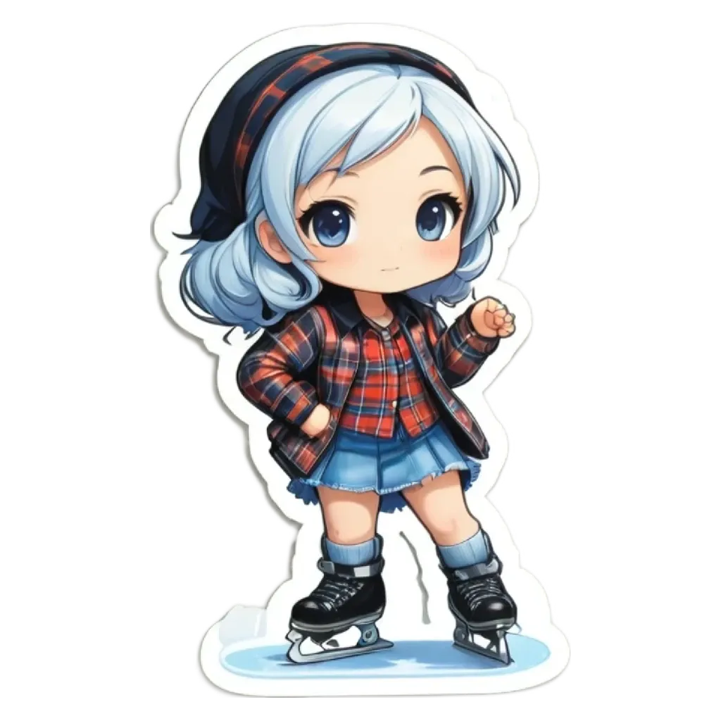 A girl on skates in a plaid jacket is cut out of a sticker.