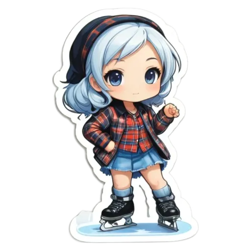 A girl on skates in a plaid jacket is cut out of a sticker.