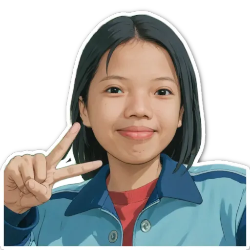 A girl peace sign is shown in a blue and black jacket.