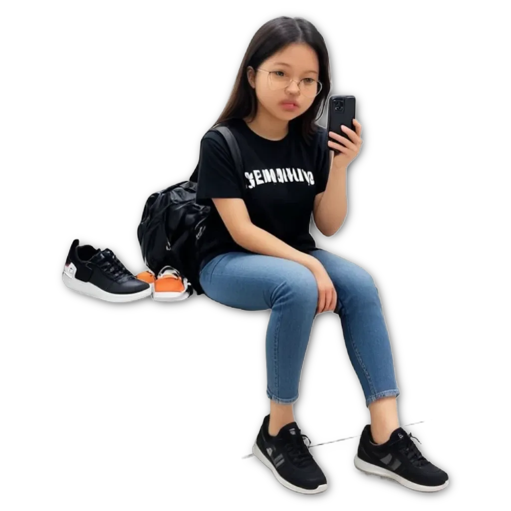 A girl wearing a black shirt that says "minimine" is sitting down.