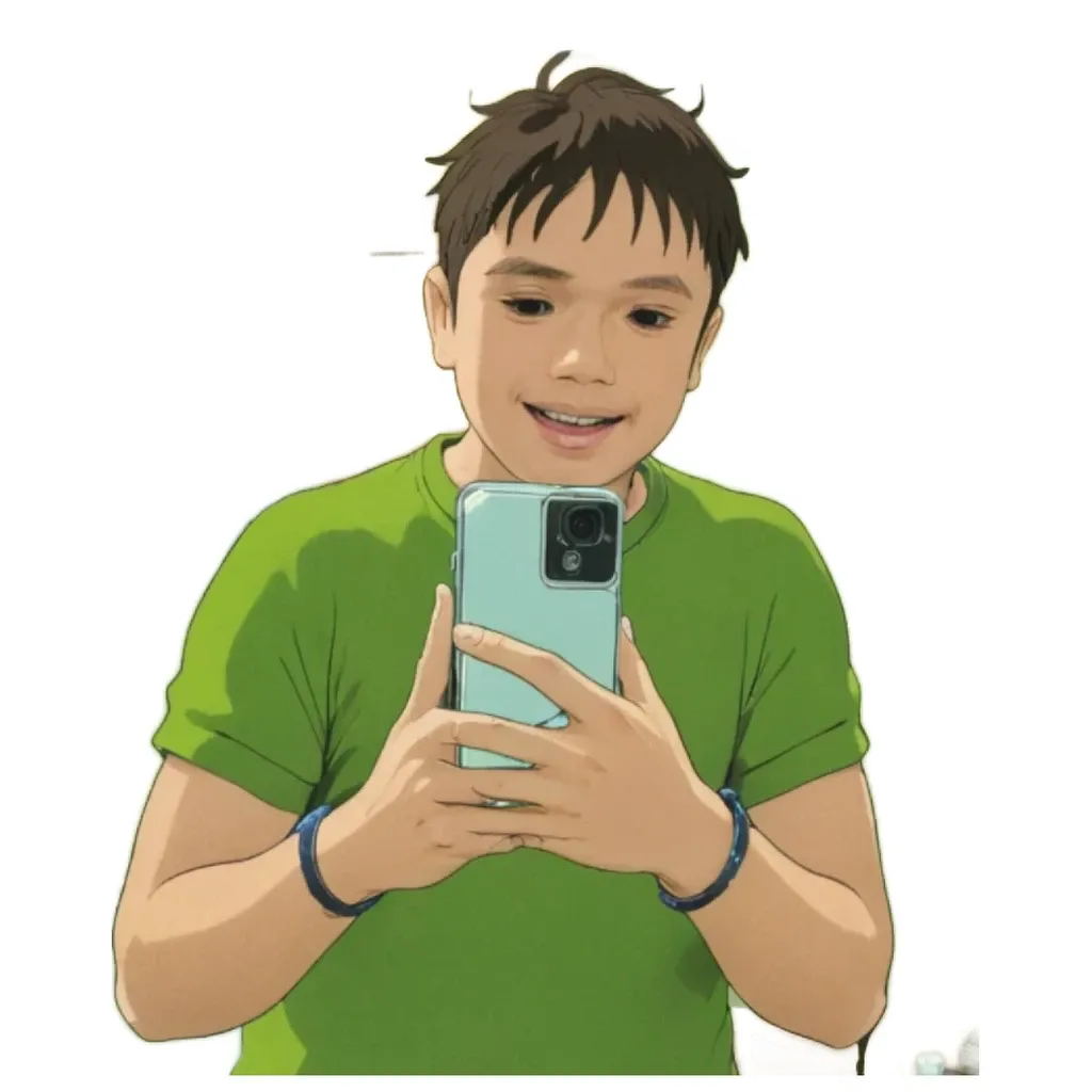 A boy is holding a cell phone and smiling.