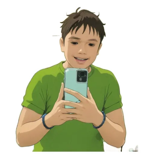 A boy is holding a cell phone and smiling.