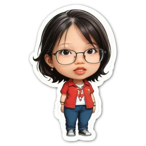 A girl wearing glasses and a red shirt is standing up.