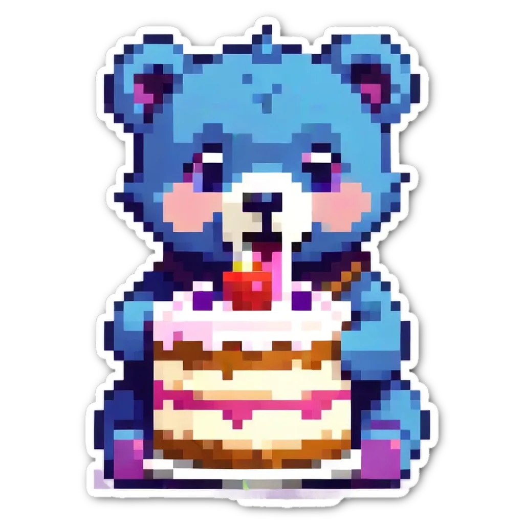 A blue teddy bear holding a cake with a cherry on it.