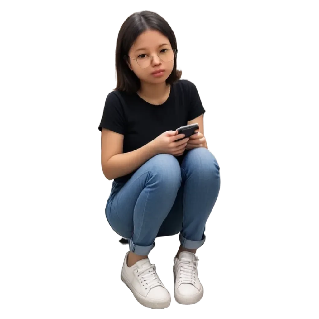 A young girl is sitting down and using her cell phone.